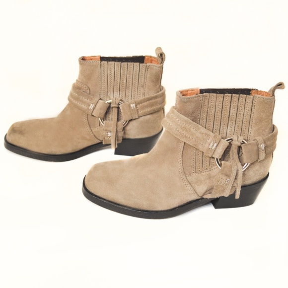 New DIESEL Taupe Suede Square Toe Harness Western Ankle Boots Size 5 - Picture 3 of 8